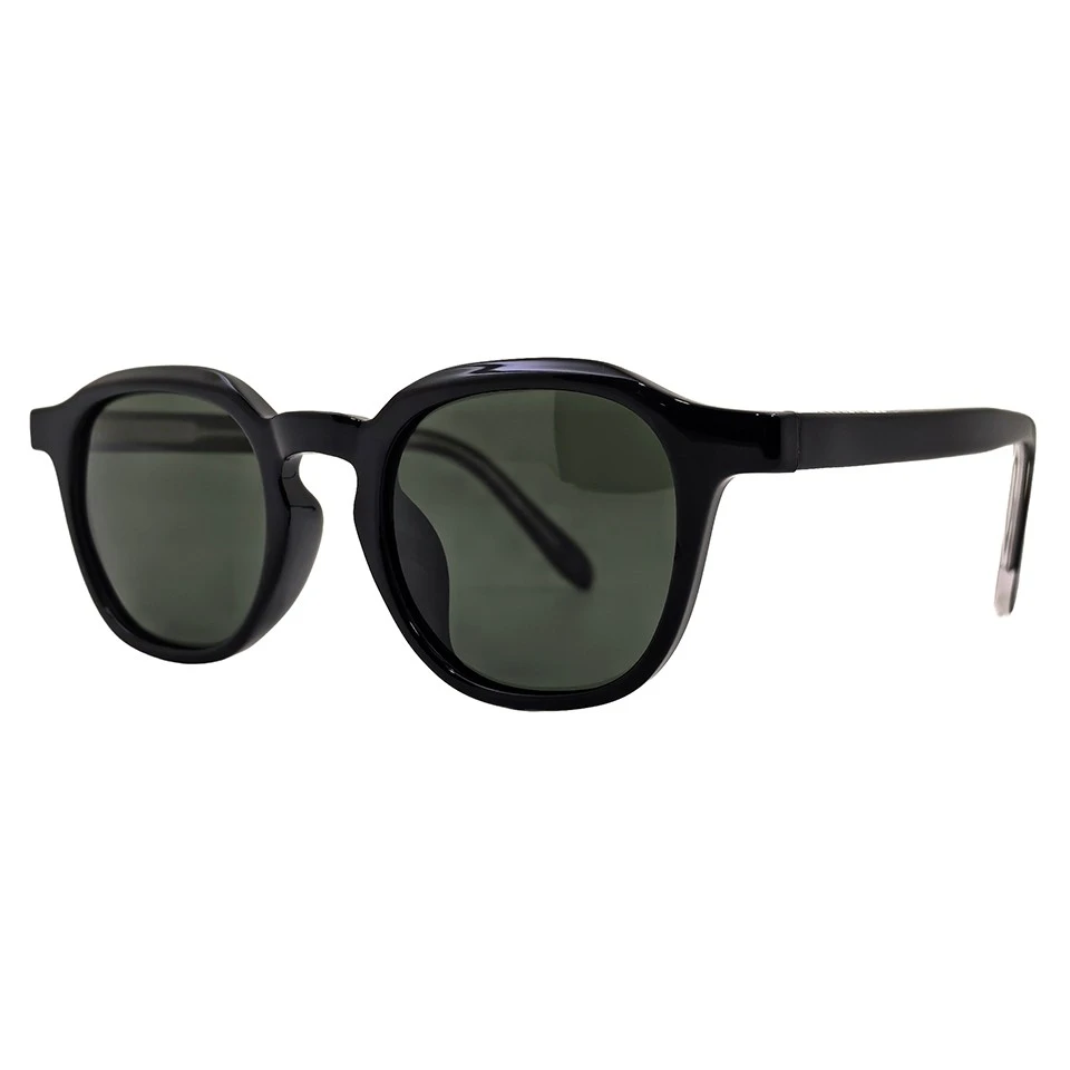 Classic black keyhole sunglasses at 45 degree angle, rounded square frame with green lenses